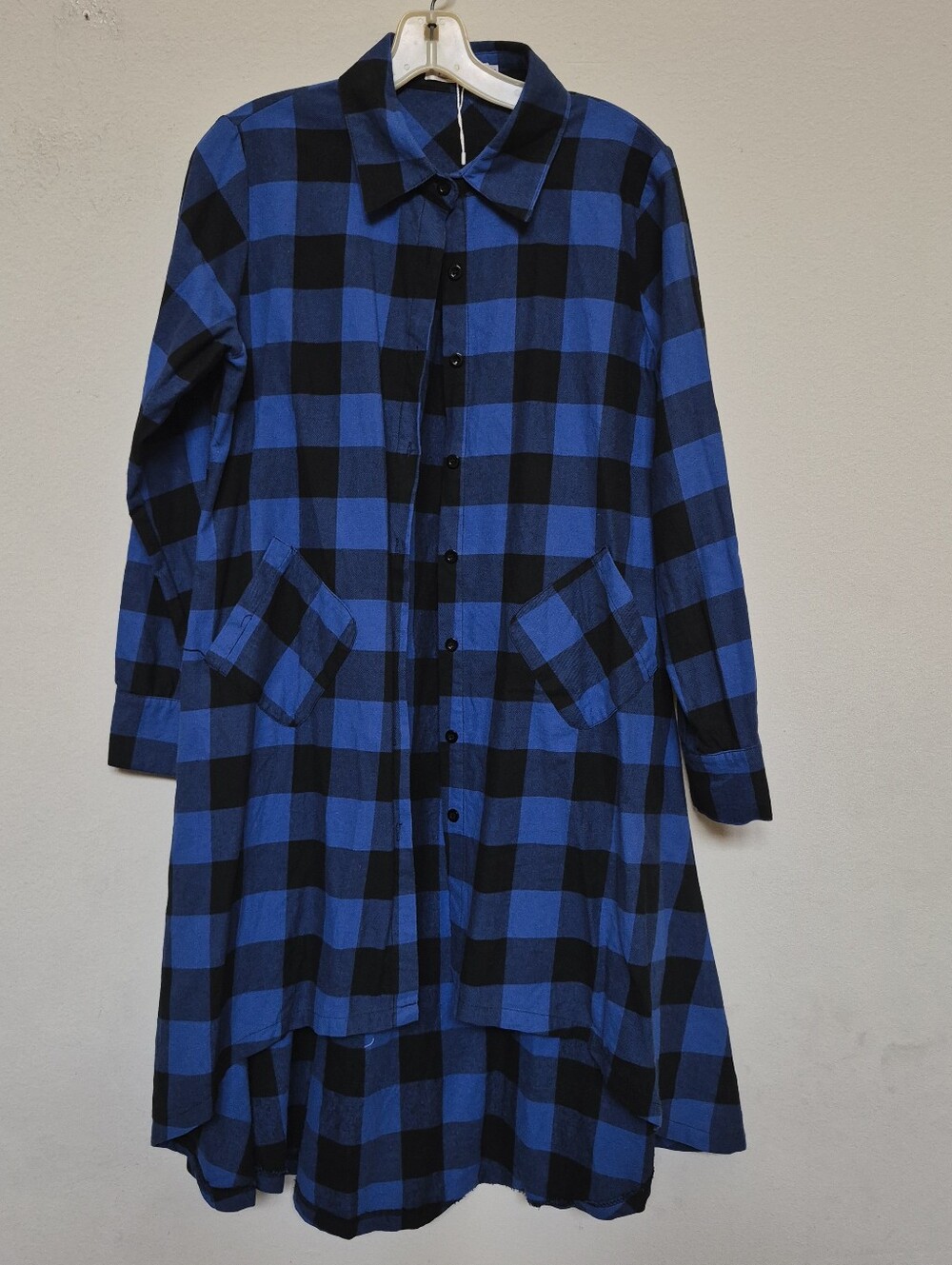 FASHION CLASSIC STYLE DESIGN Blue & Black Plaid Women's Longsleeve Shirt Dress